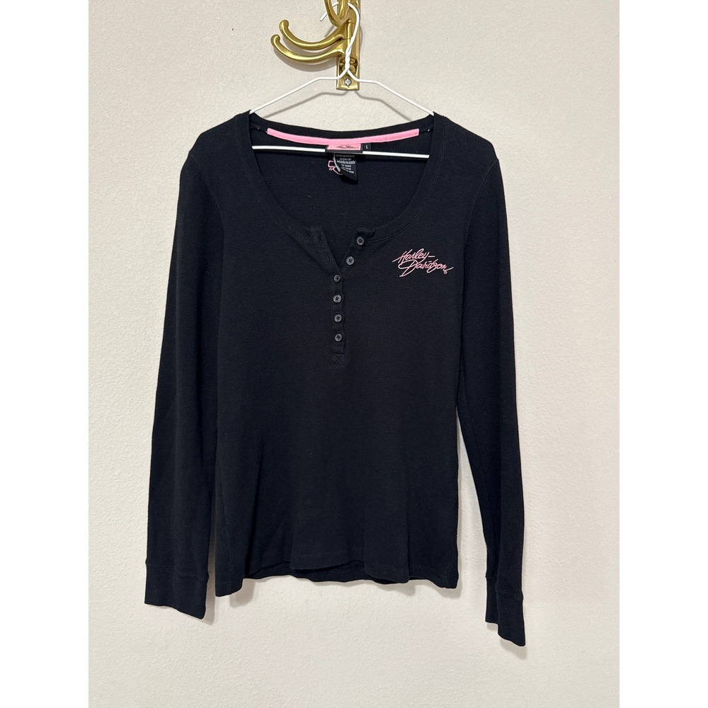 Harley Davidson Henley Top Women Large Black Pink Waffle Knit Long Sleeve Logo
